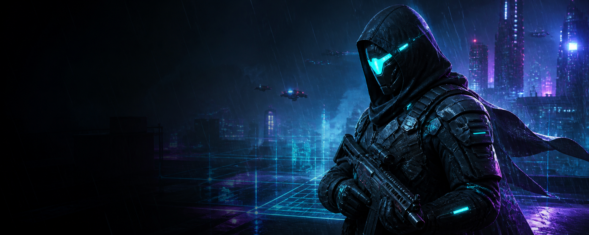 Cyber operator guarding a neon city in the rain